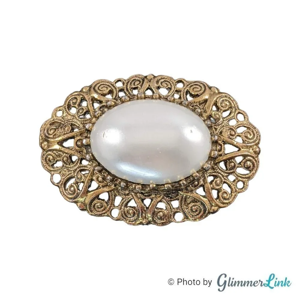Vintage Oval Large Faux Pearl Cabochon Filigree Gold Tone Brooch Pin
